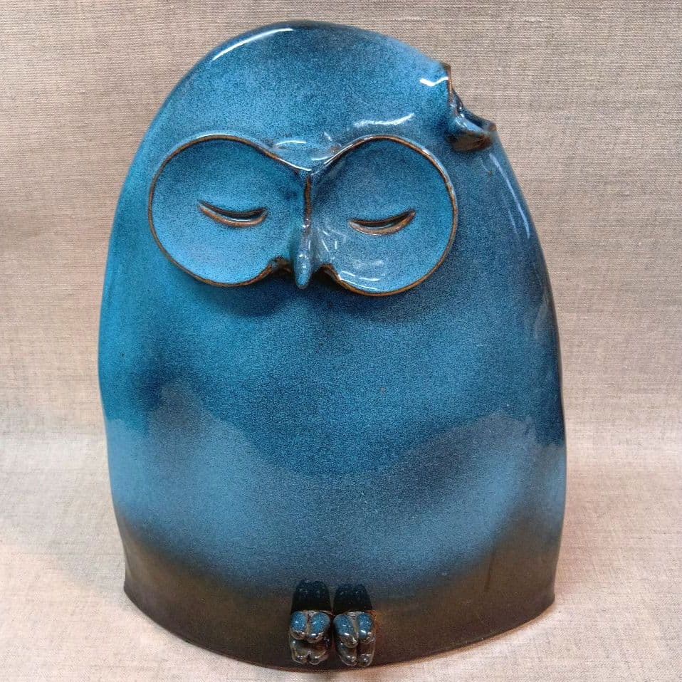フクロウの陶器　作家物　花器　花瓶 ブルー　グラデーション