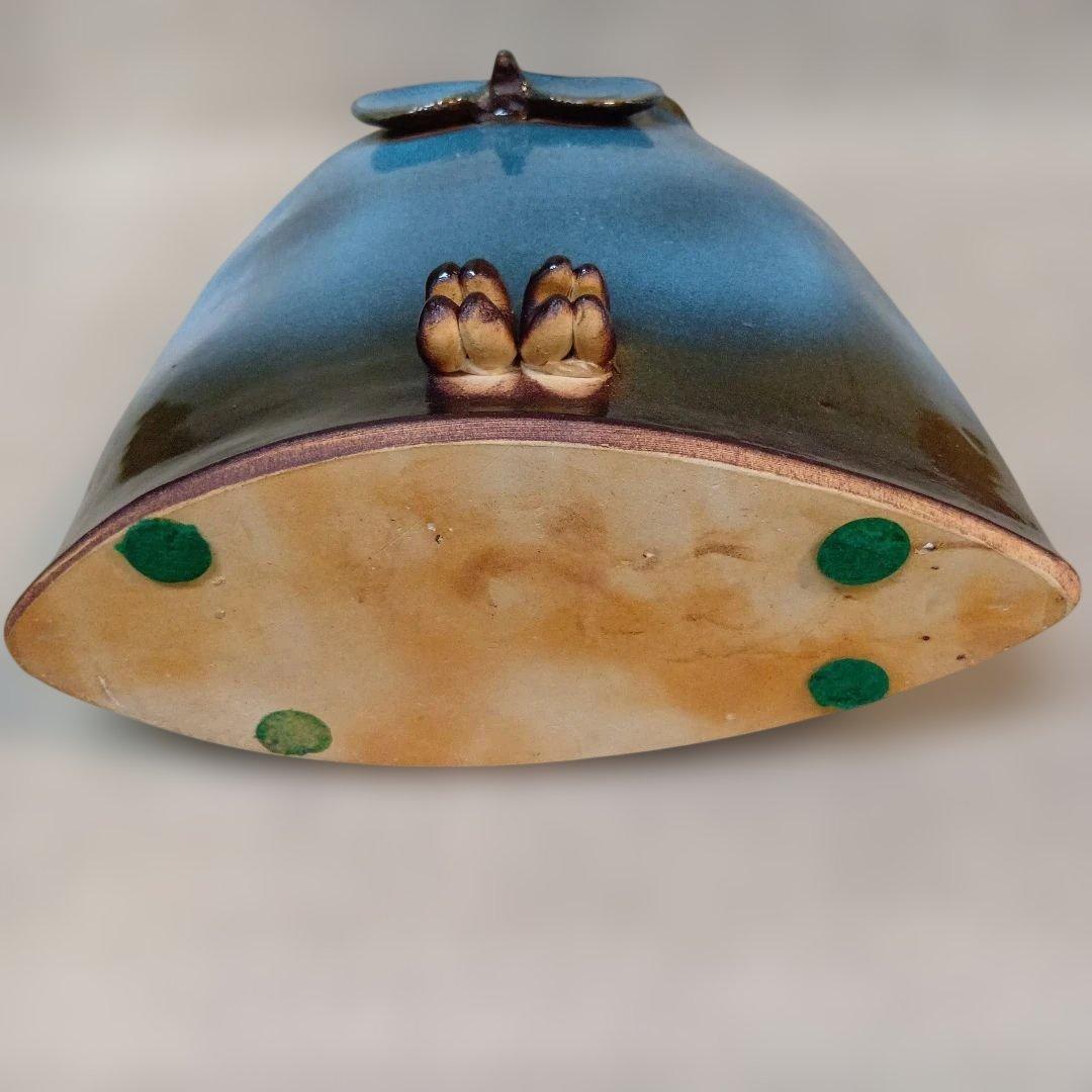 フクロウの陶器　作家物　花器　花瓶 ブルー　グラデーション