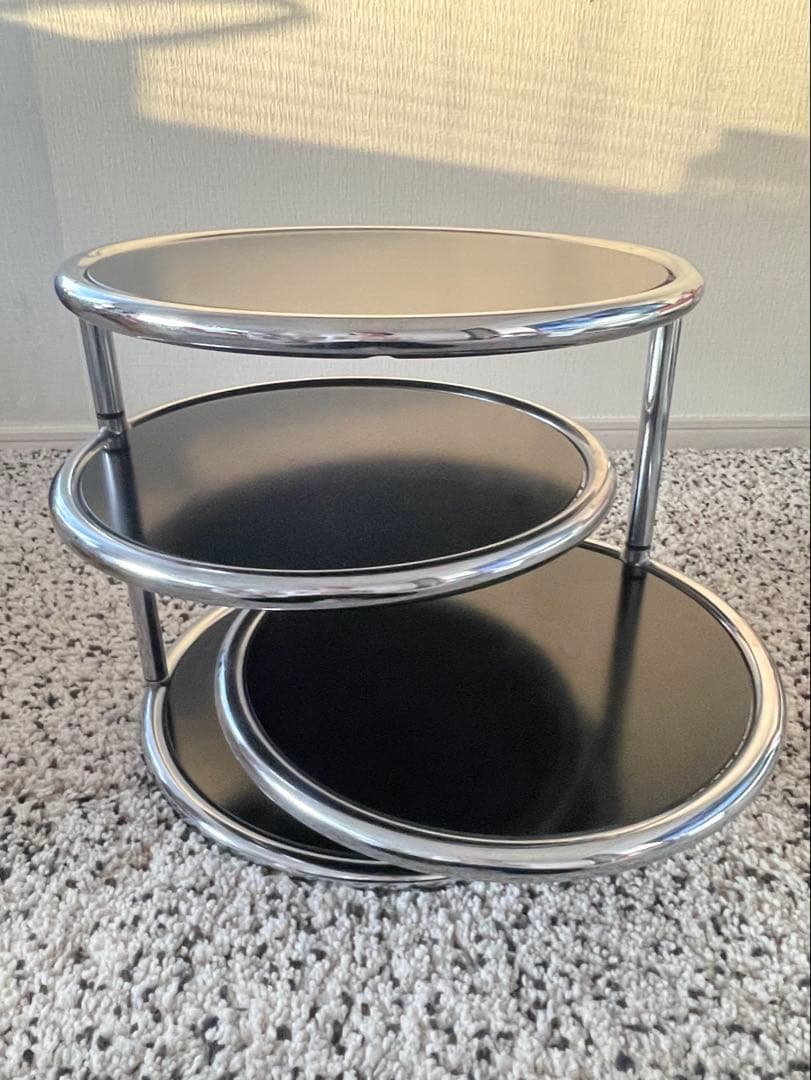 MID century 4段回転可動式スライド ガラス天板ラウンドテーブル