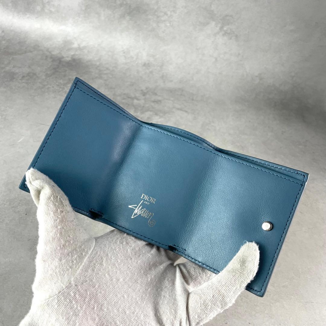 極美品✨ ディオール×ステューシー コラボ 折財布 レザー 小銭入れ ブルー