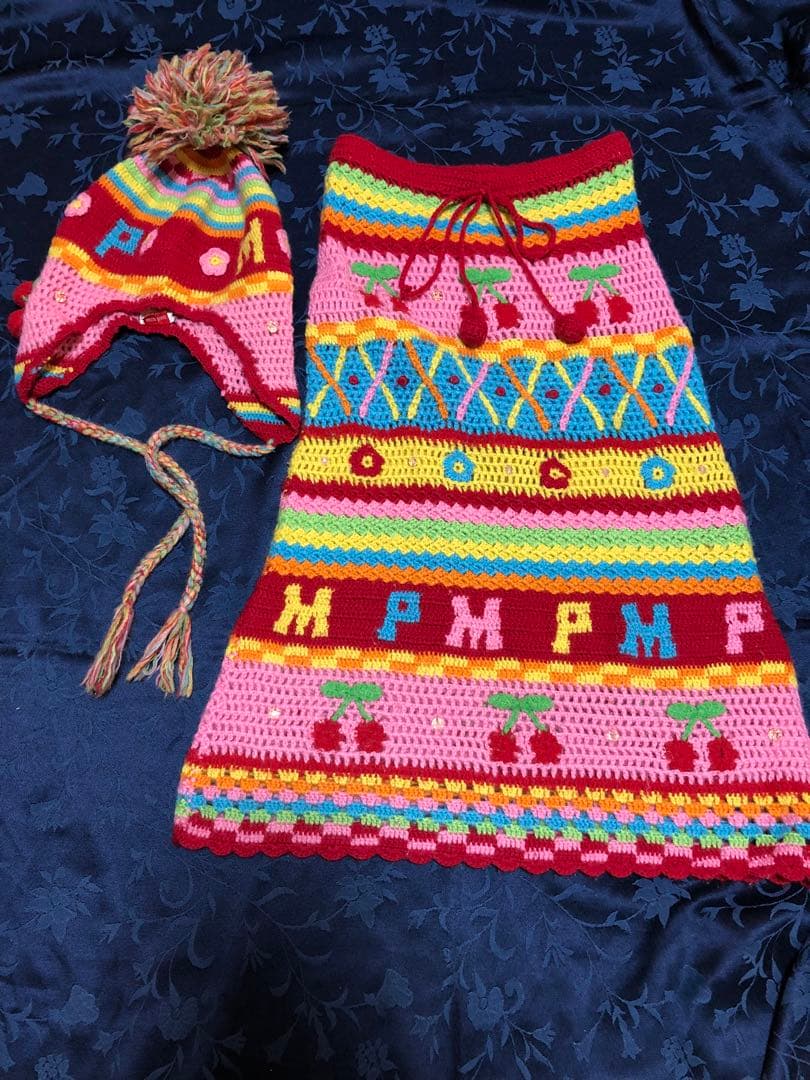 カラフル編み物スカートと帽子セット（ペチコート付）