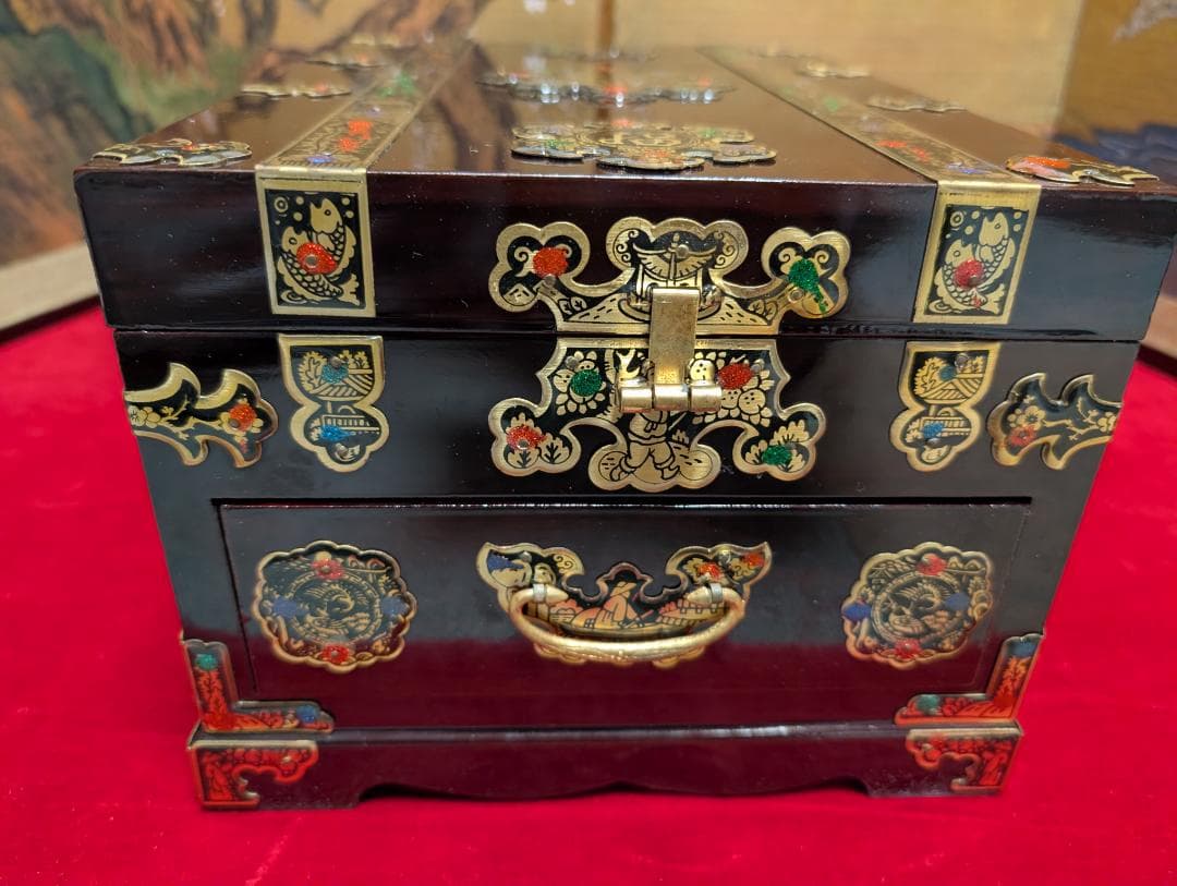 漆　小物入れ　宝石箱　ジュエリーボックス　鏡付　アンティーク　アジアン