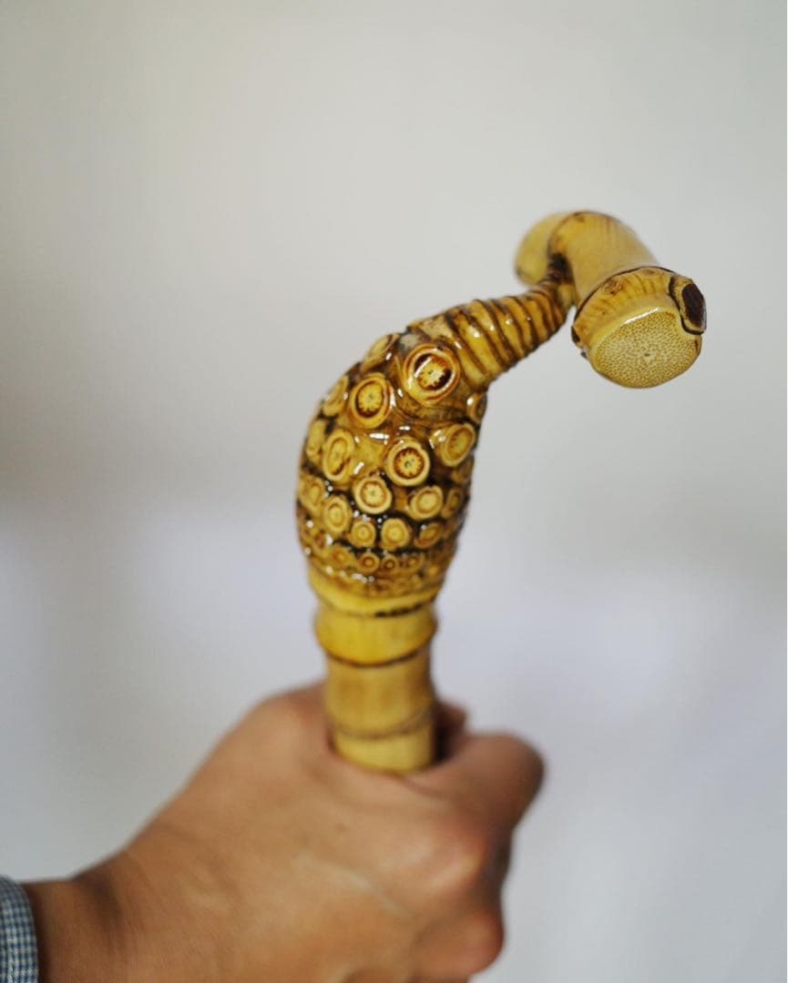 竹杖②_根頭ストレート 竹根鞭細工 漆塗り ねぶち 希少 国産 破竹根付