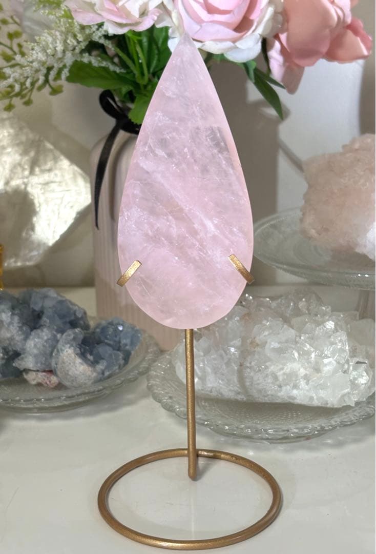高品質　ローズクォーツ　BIG雫　ドロップ　スタンド付き