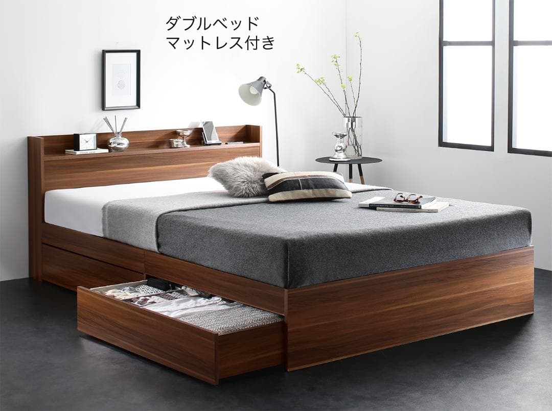 セール！新品 送料込 ダブルベッド 収納 棚 2口コンセント マットレス付 AB