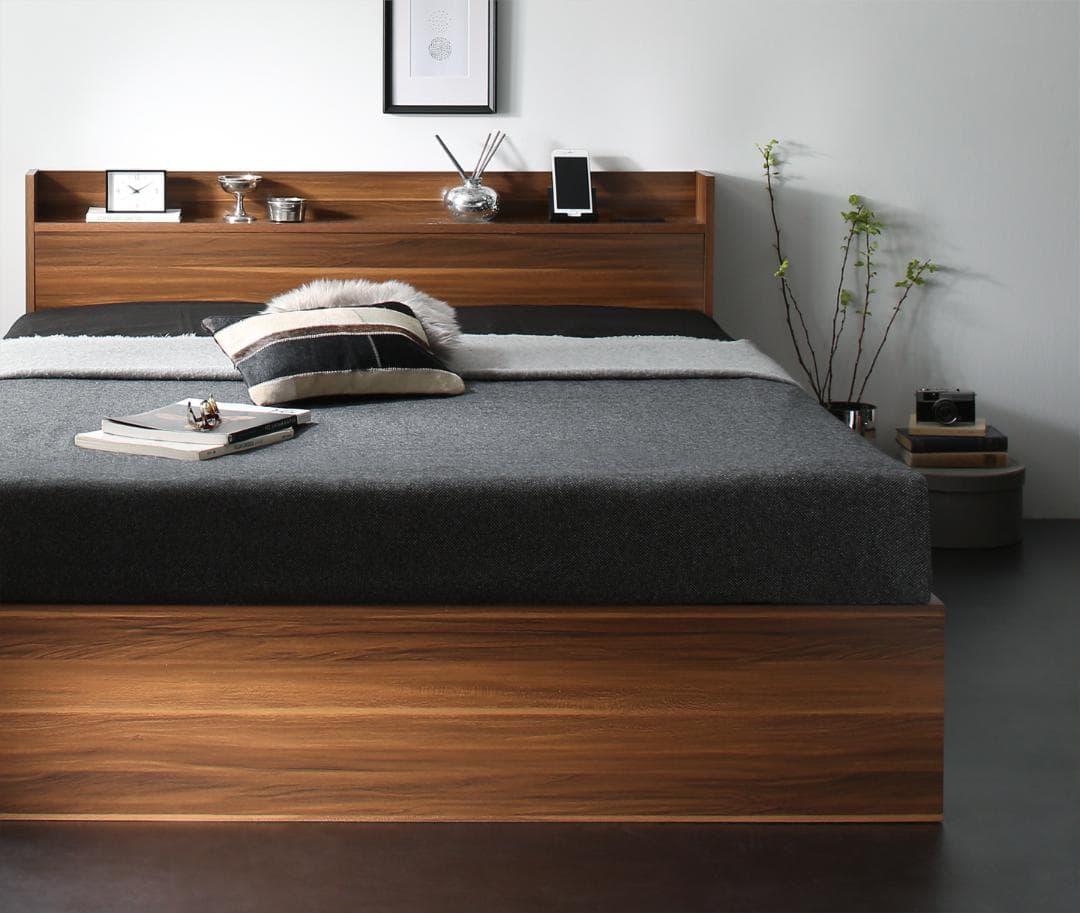 セール！新品 送料込 ダブルベッド 収納 棚 2口コンセント マットレス付 AB