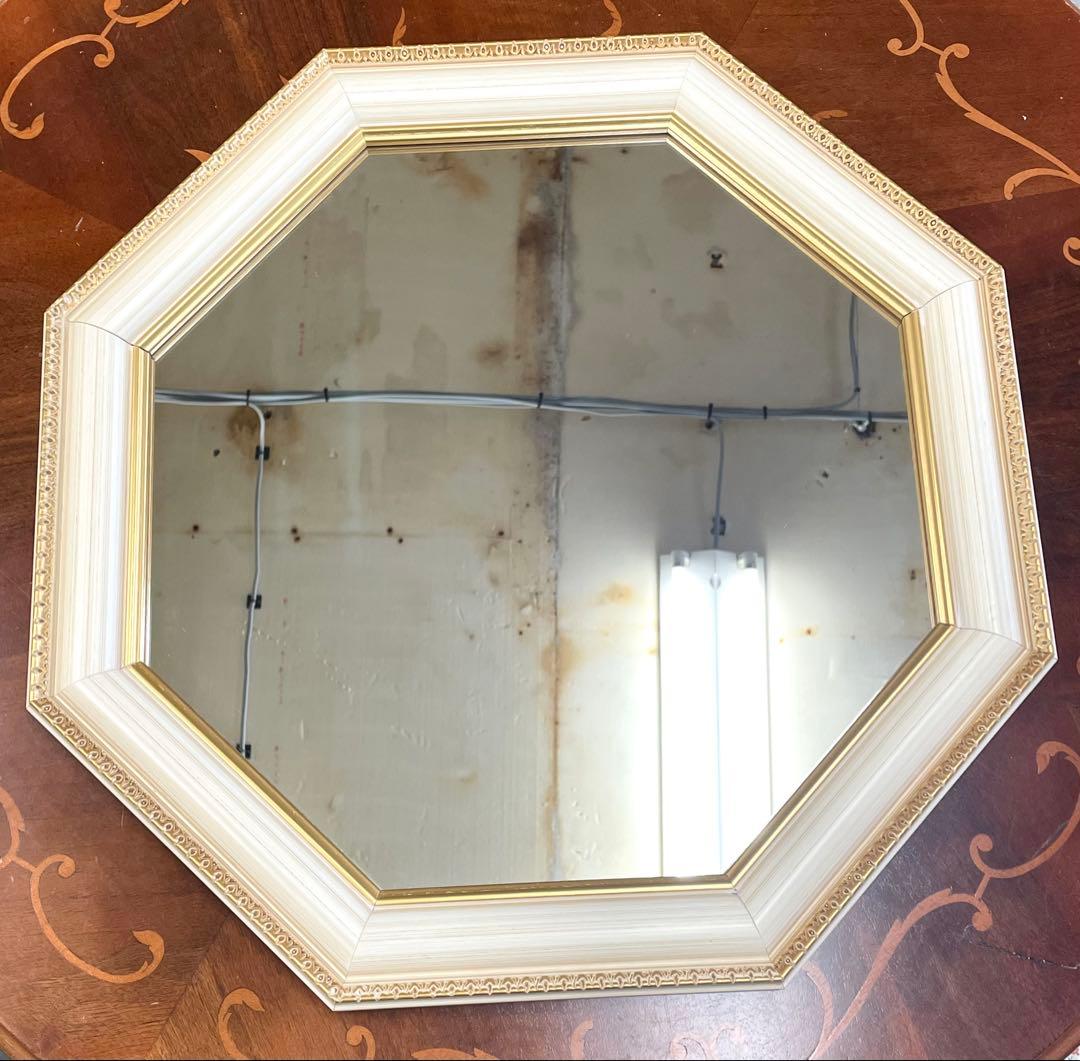 イタリー製 八角形 壁掛けミラー 鏡 アイボリー系 ゴールド 美品