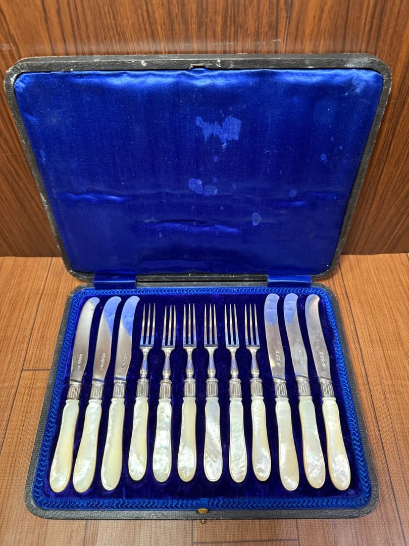 極美品 英国アンティーク 1885年 純銀 デザートカトラリー 12点 白蝶貝