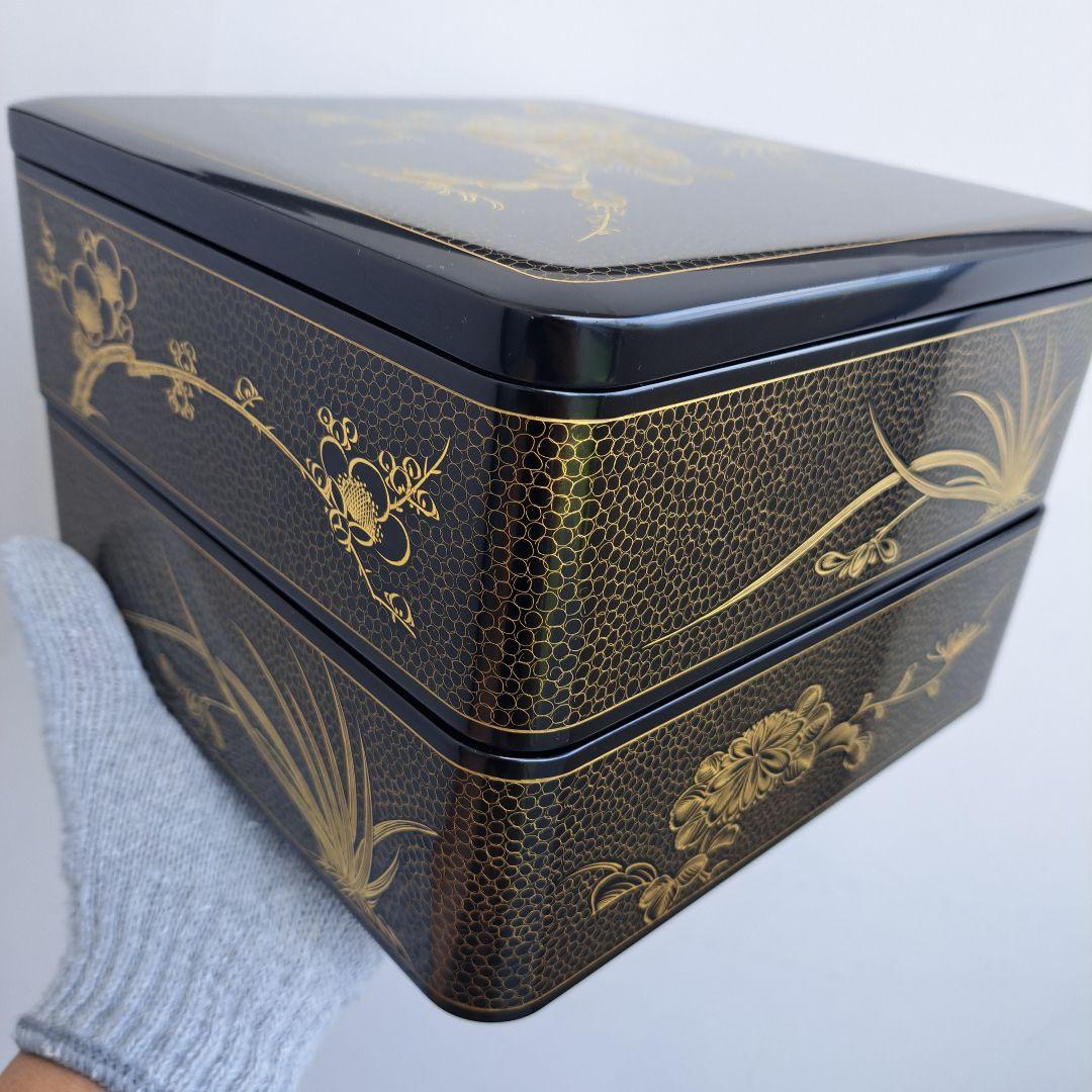 専用品【輪島塗　7.5寸\"2段重箱&重箱台】布着本堅地　沈金\"四君子　未使用品