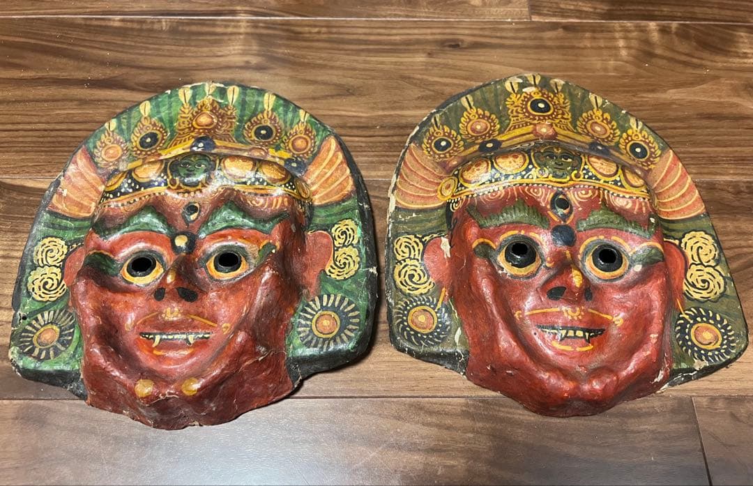 ネパール 民族仮面 ヴィンテージ風 お面 2点セット 壁掛け
