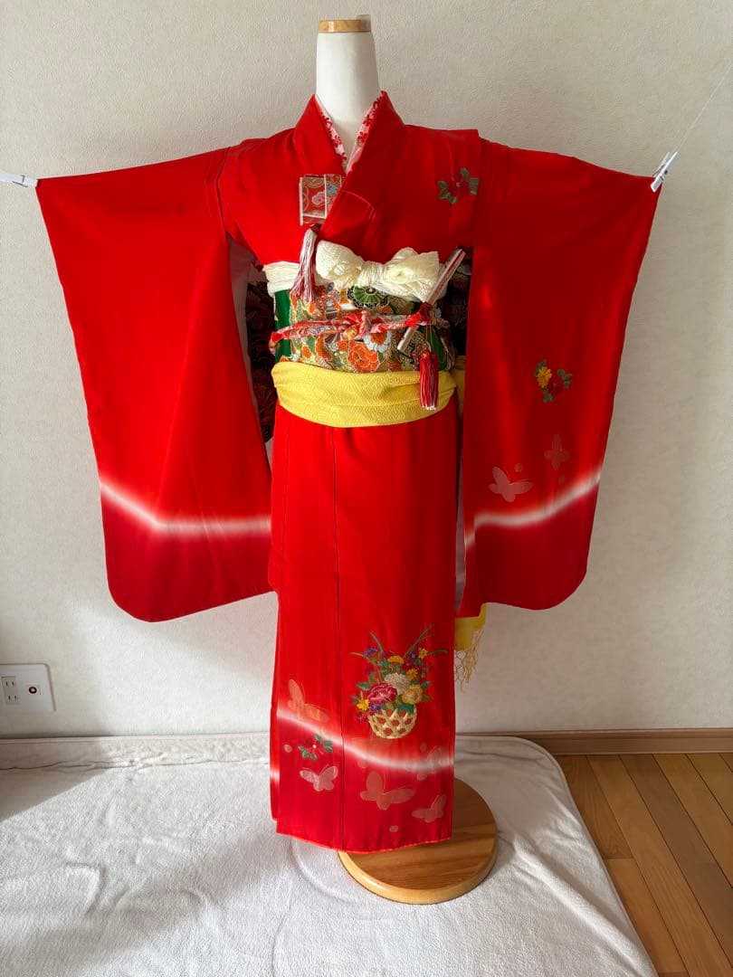 7歳 七五三 着物 帯 長襦袢 帯揚げ しごき はこせこ 半襟 セット 赤 刺繍