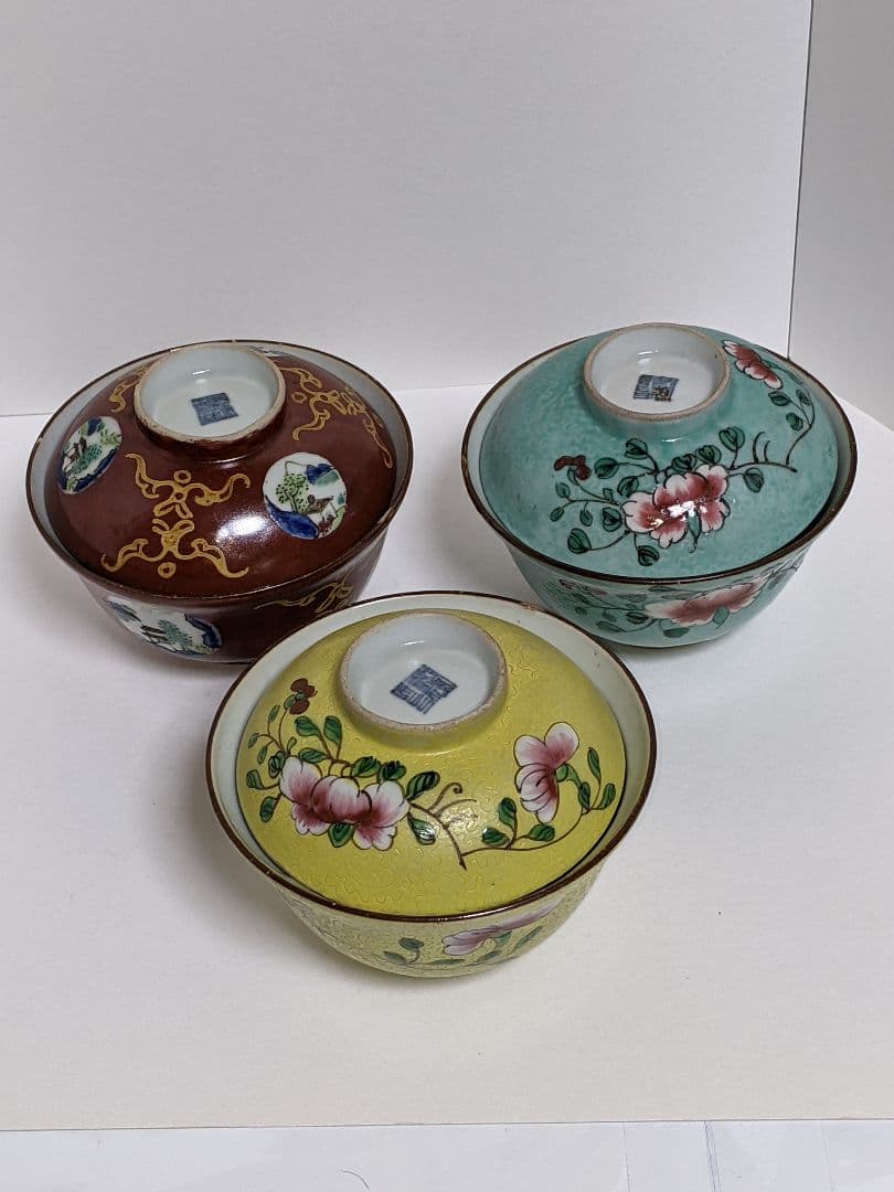 砥部焼、郡中十錦　茶碗3点