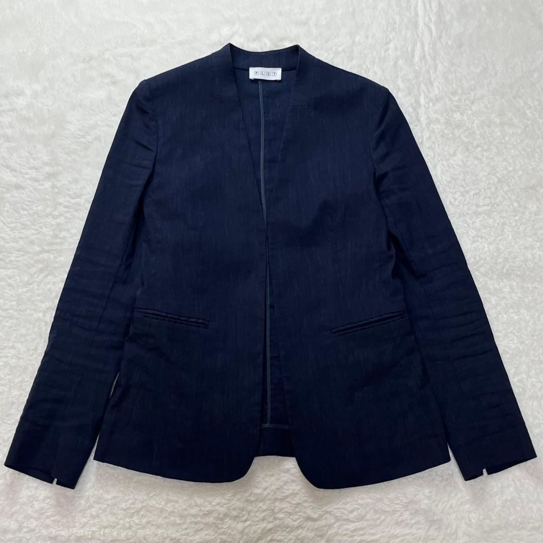 プラステ　PLST セットアップ　スーツ　ノーカラー　パンツ　リネン　ネイビー