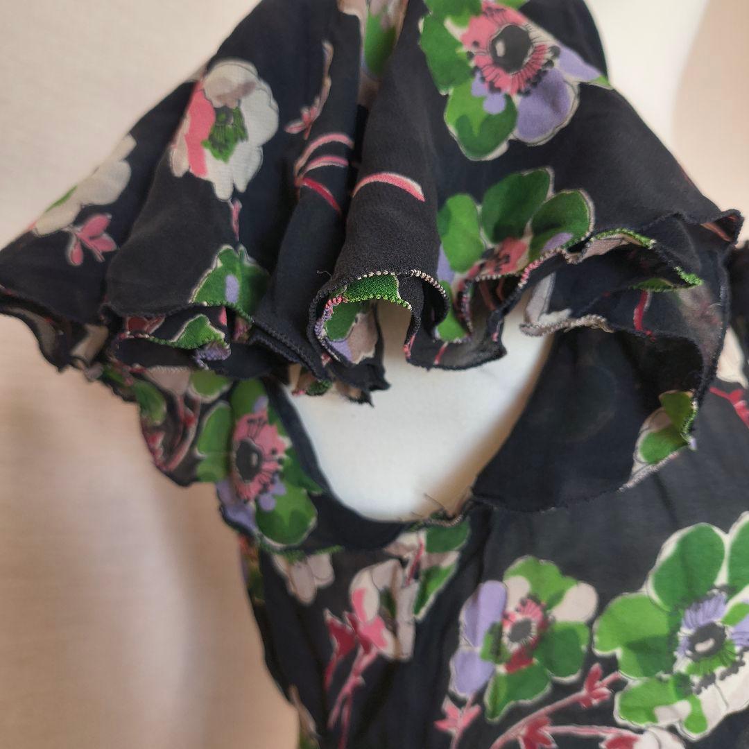 D＆G 花柄フリル袖ブラウス 半袖 黒 ボウタイ