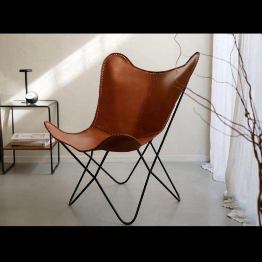 レザーバタフライチェア WRAPS/ラップスアイアン キャメル 組立済