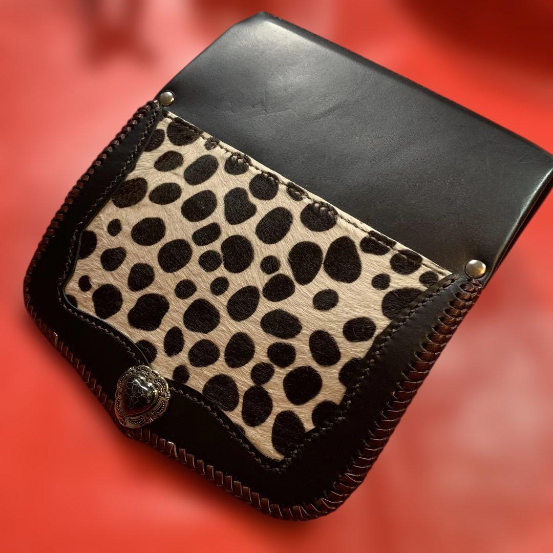 ハンドメイドレザークラフトダルメシアン柄ハラコアコーディオン長財布牛レース編み
