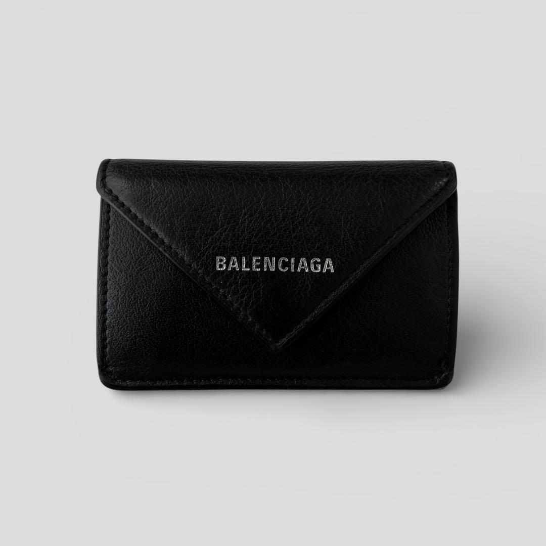 美品 バレンシアガ ペーパー ミニウォレット レザー ブラック 三つ折り財布