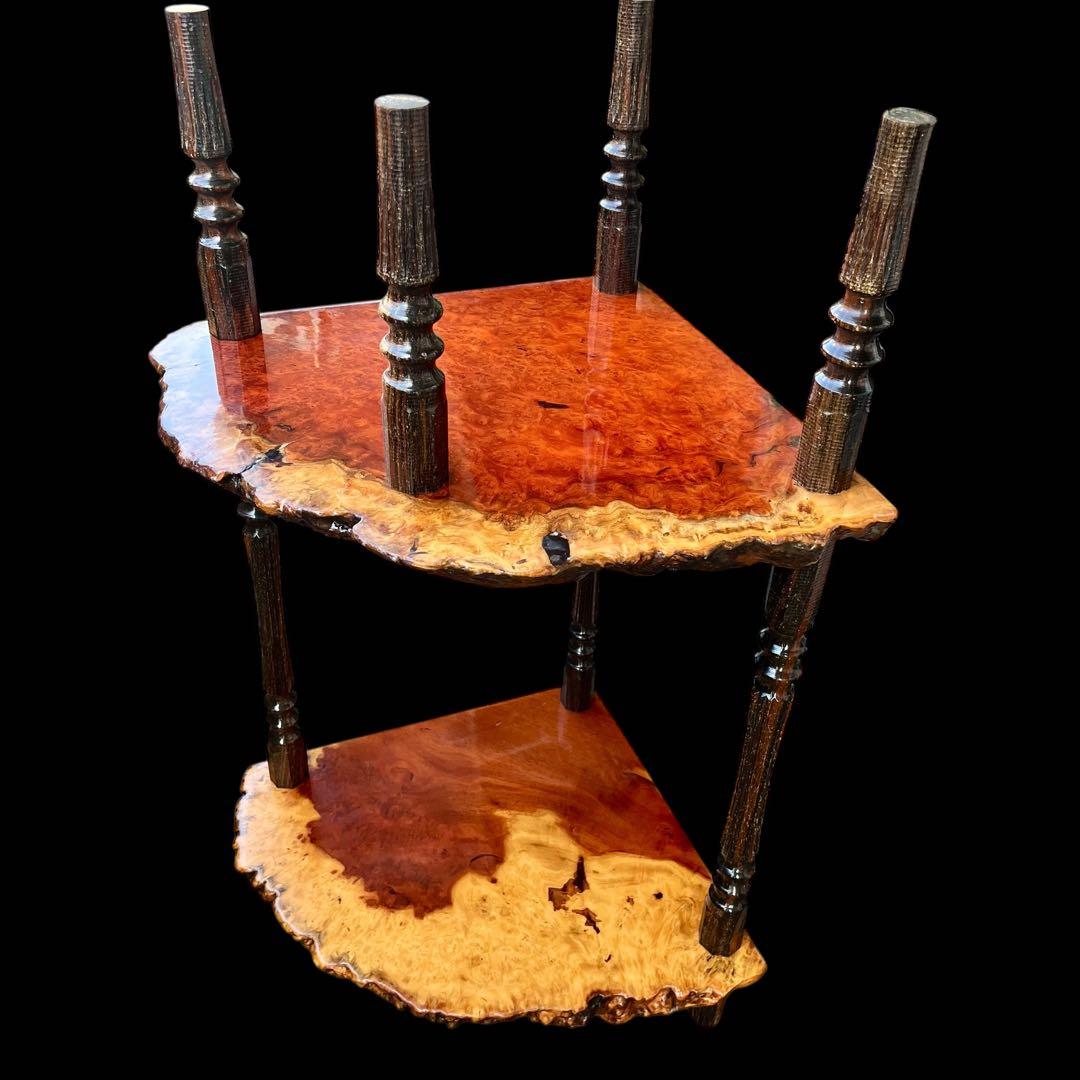 【花梨】唐木 カリン材 玉杢瘤棚 2段棚 高級銘木 コーナーラック 飾り台 花台