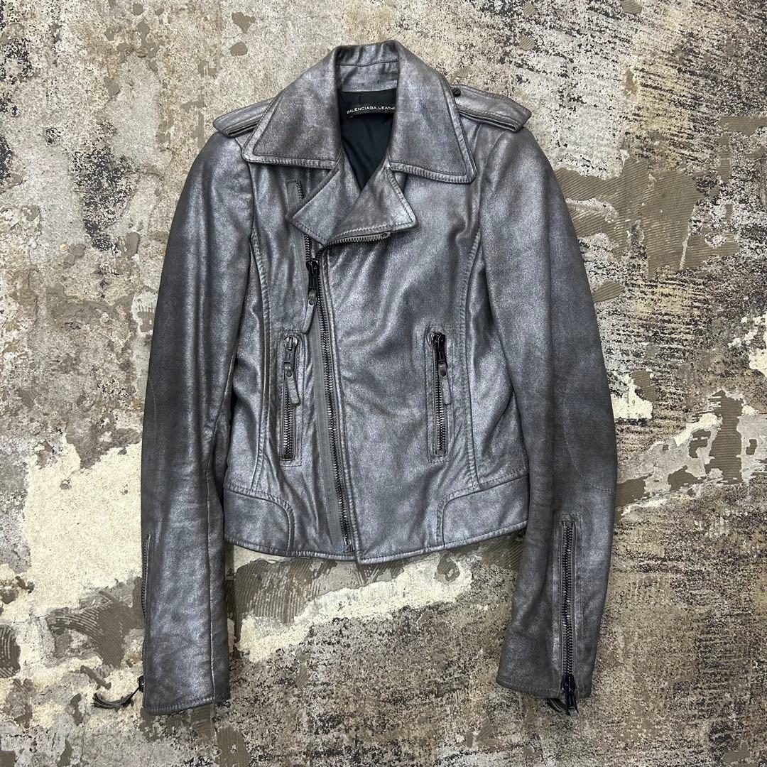 00s ニコラ期 BALENCIAGA / シルバー レザー ダブル ライダース