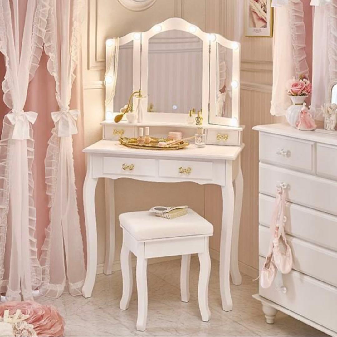 ロマンティックプリンセス リボン取っ手の三面鏡スリムドレッサー (ライト付き)