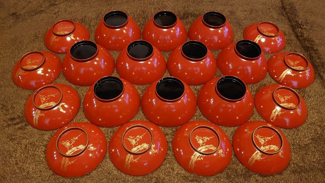 輪島塗　漆器　沈金　 梅鶯の図　蓋椀　菓子椀　蔵出し　10客