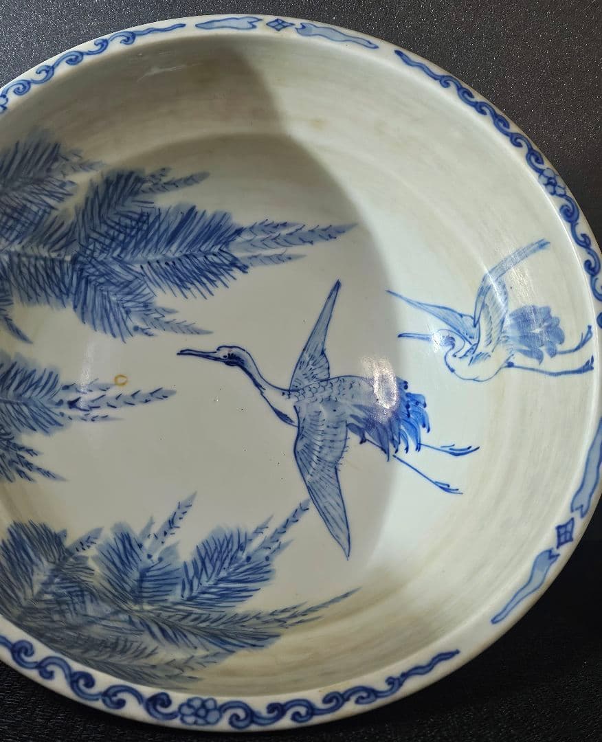 江戸末期～明治時代　古伊万里　染付 松に鶴図　大盃洗　コンポート　径30.1cm