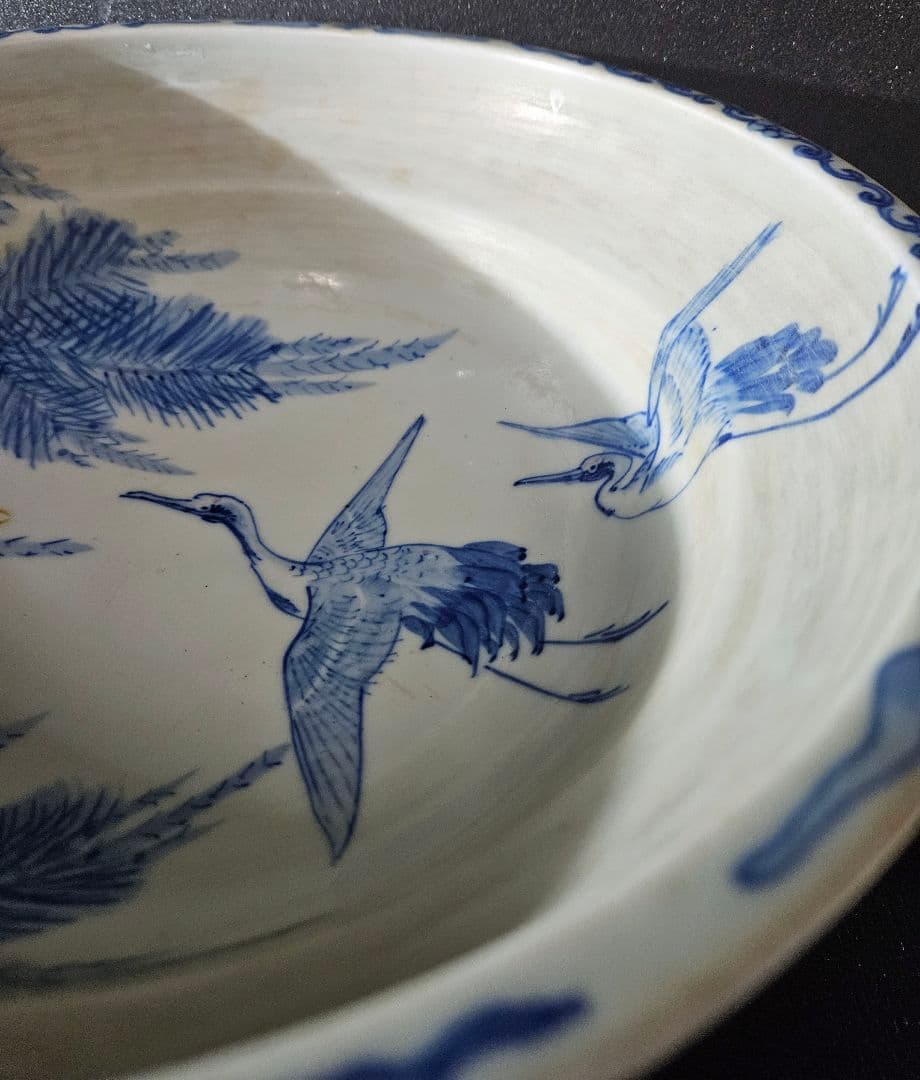 江戸末期～明治時代　古伊万里　染付 松に鶴図　大盃洗　コンポート　径30.1cm