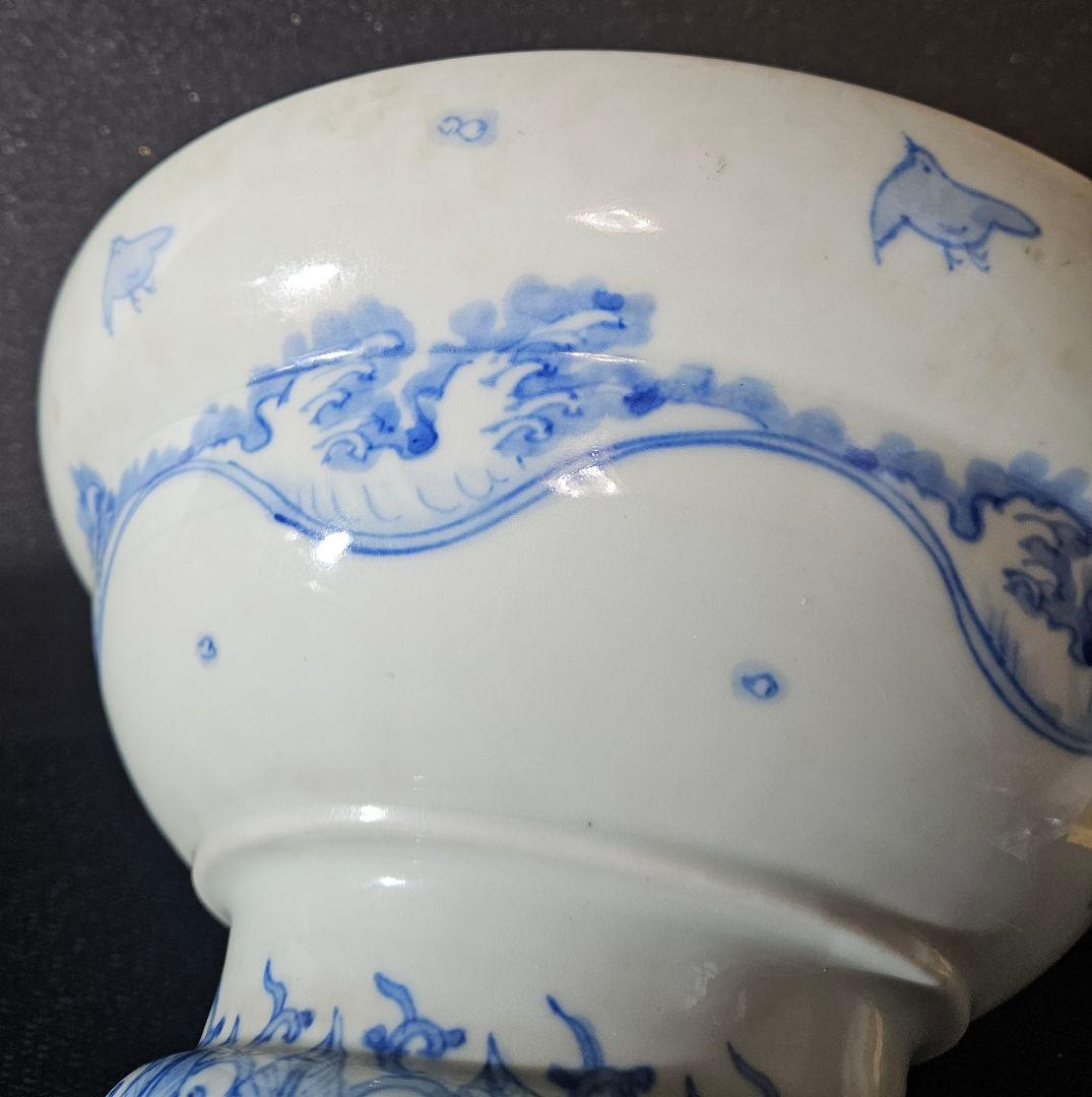 江戸末期～明治時代　古伊万里　染付 松に鶴図　大盃洗　コンポート　径30.1cm