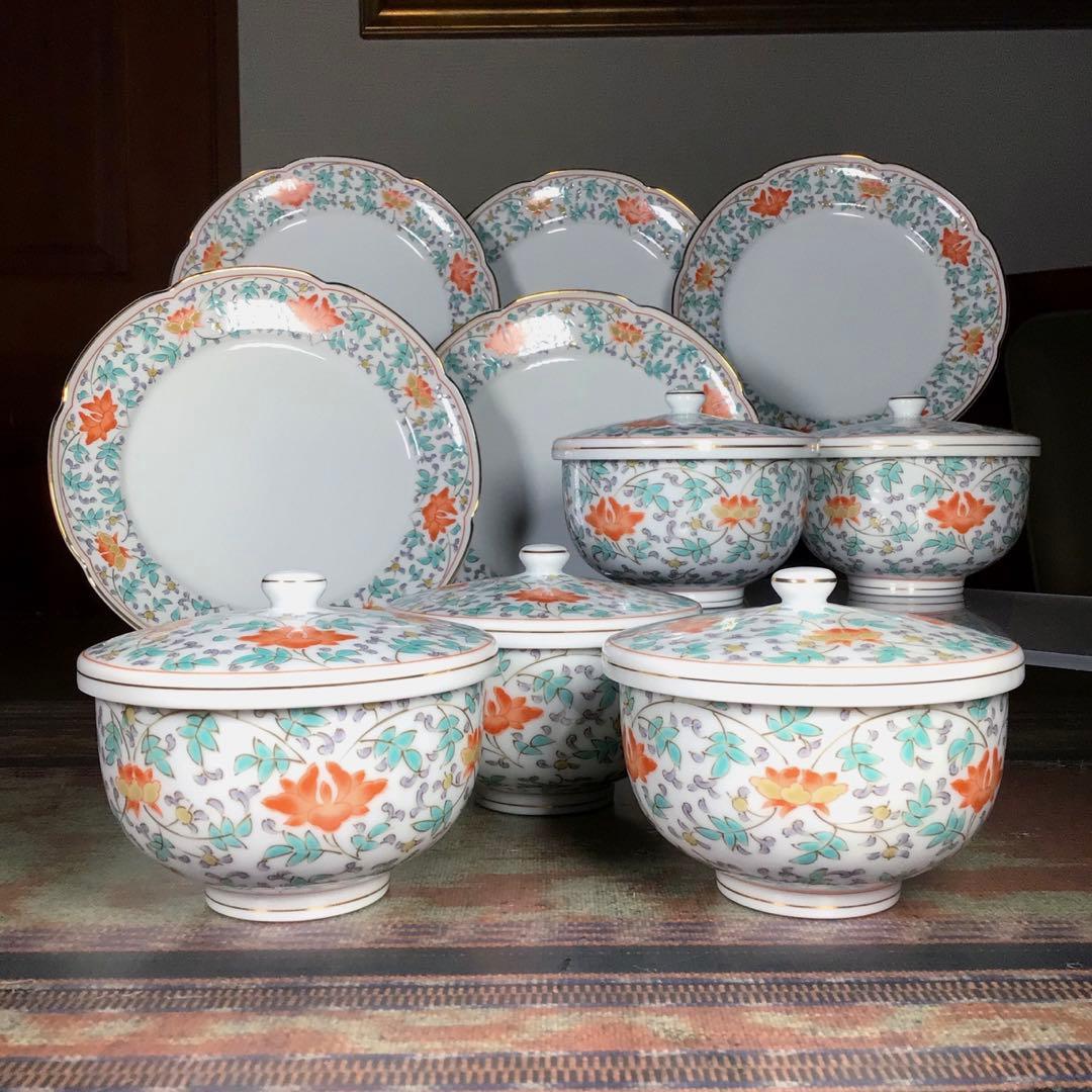 美濃焼　前畑陶器　『花唐草』　お茶茶碗　5客　中皿　5枚