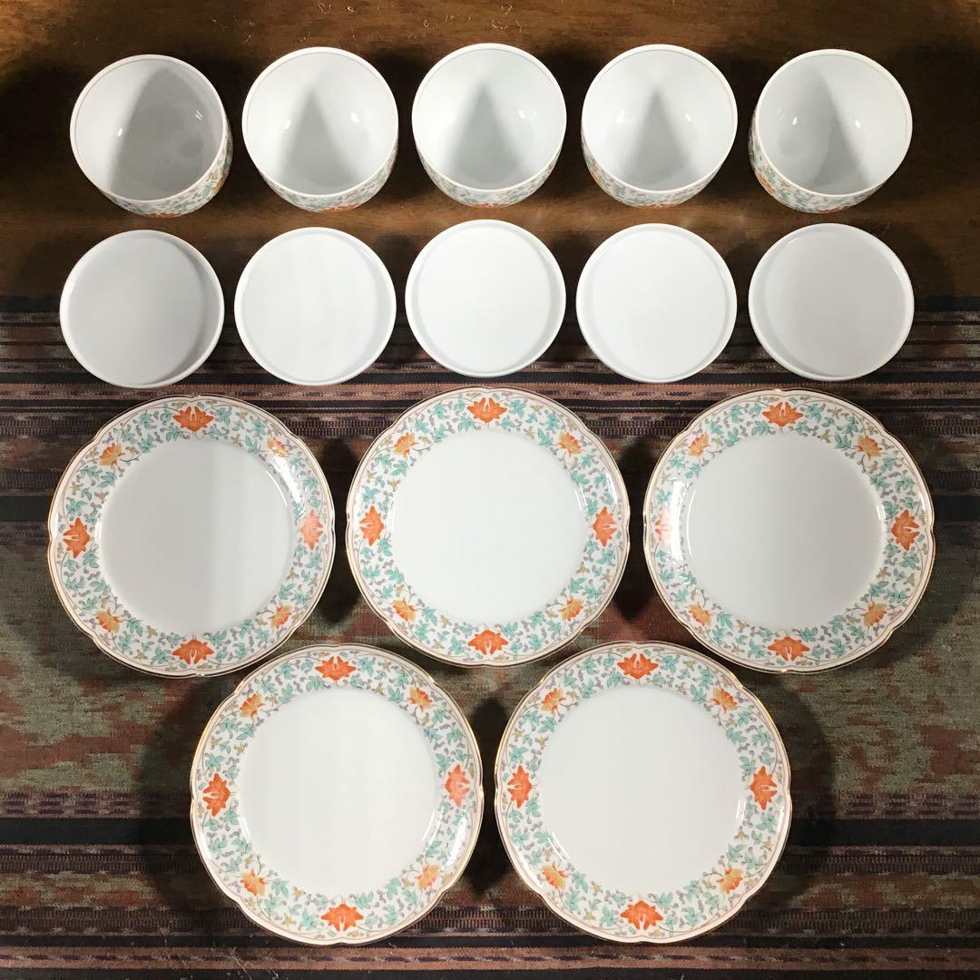 美濃焼　前畑陶器　『花唐草』　お茶茶碗　5客　中皿　5枚