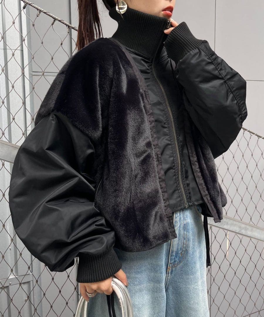 チャオパニックティピーetsinta ファー切替ショートスタンドジャケット黒