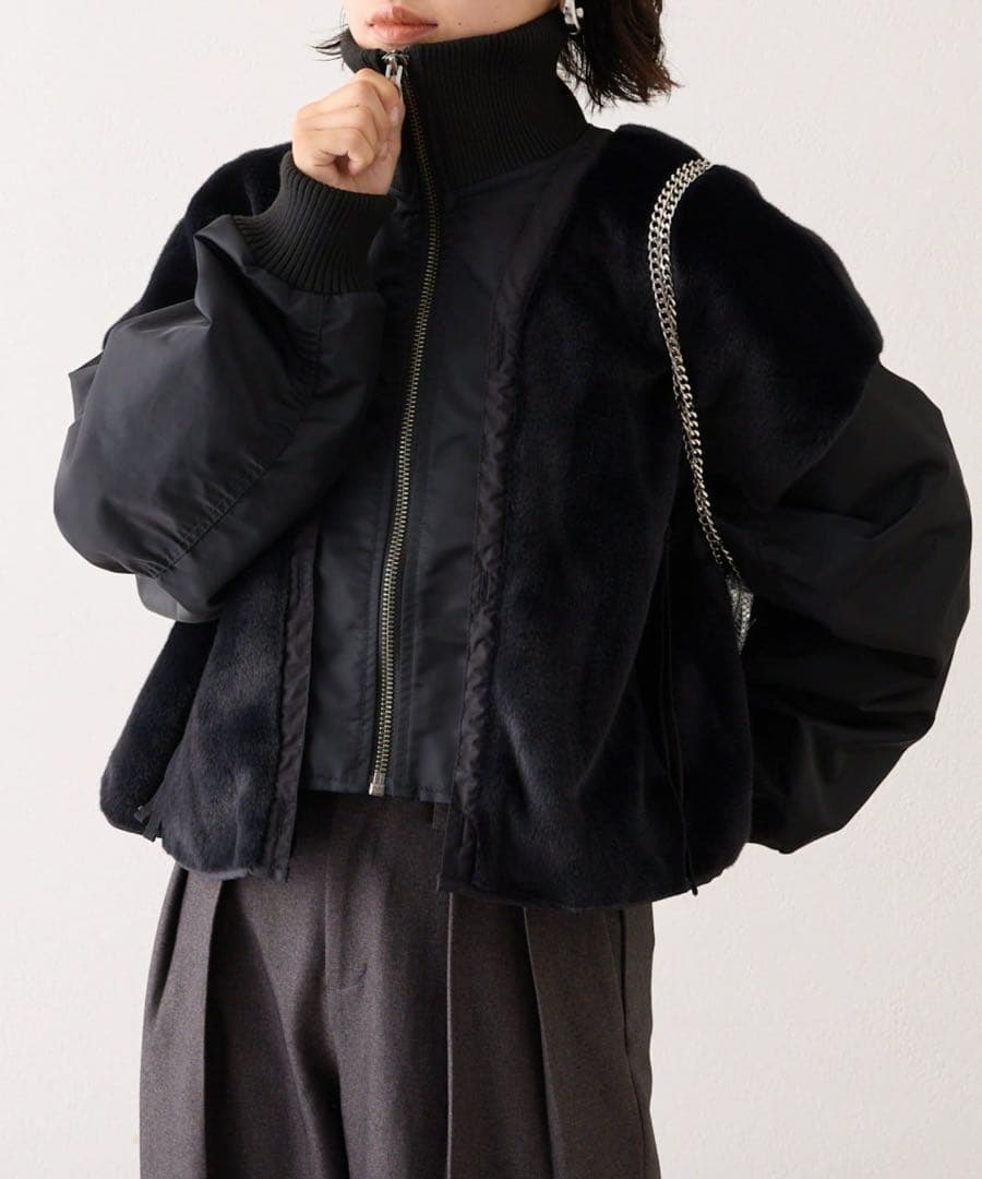 チャオパニックティピーetsinta ファー切替ショートスタンドジャケット黒