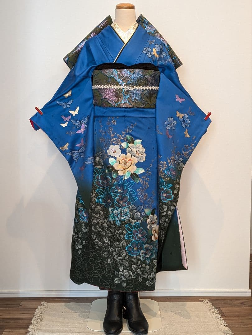 振袖フルセット 身丈168裄68 豪華振袖 金銀彩 青 黒 正絹 逸品 成人式
