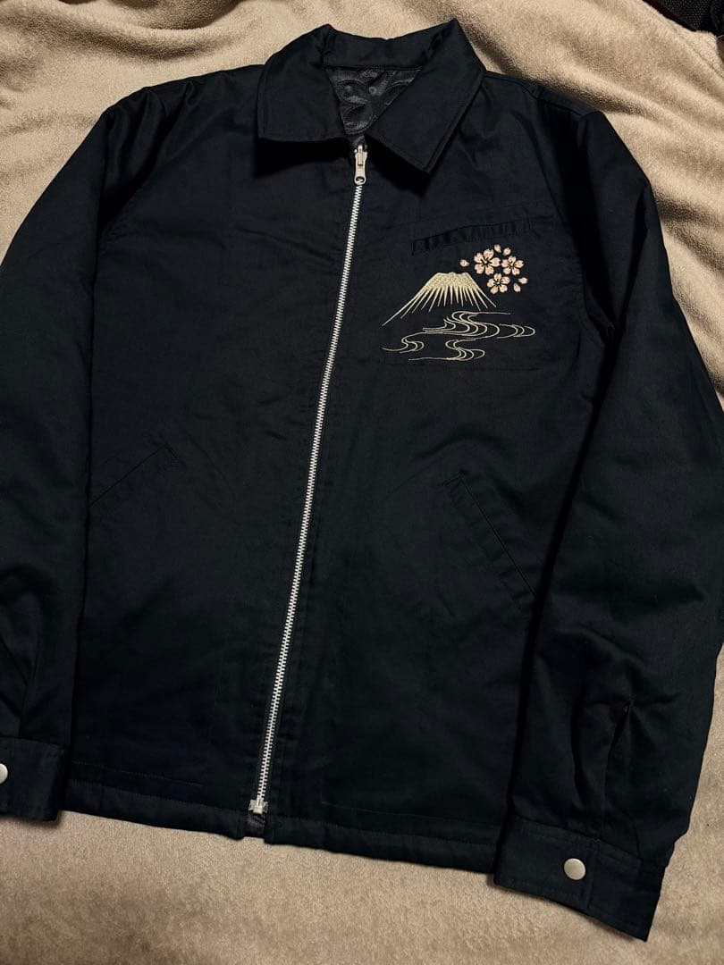 未使用近い ２面用 百花繚乱 富士山 桜 日本限定 スカジャン サテン