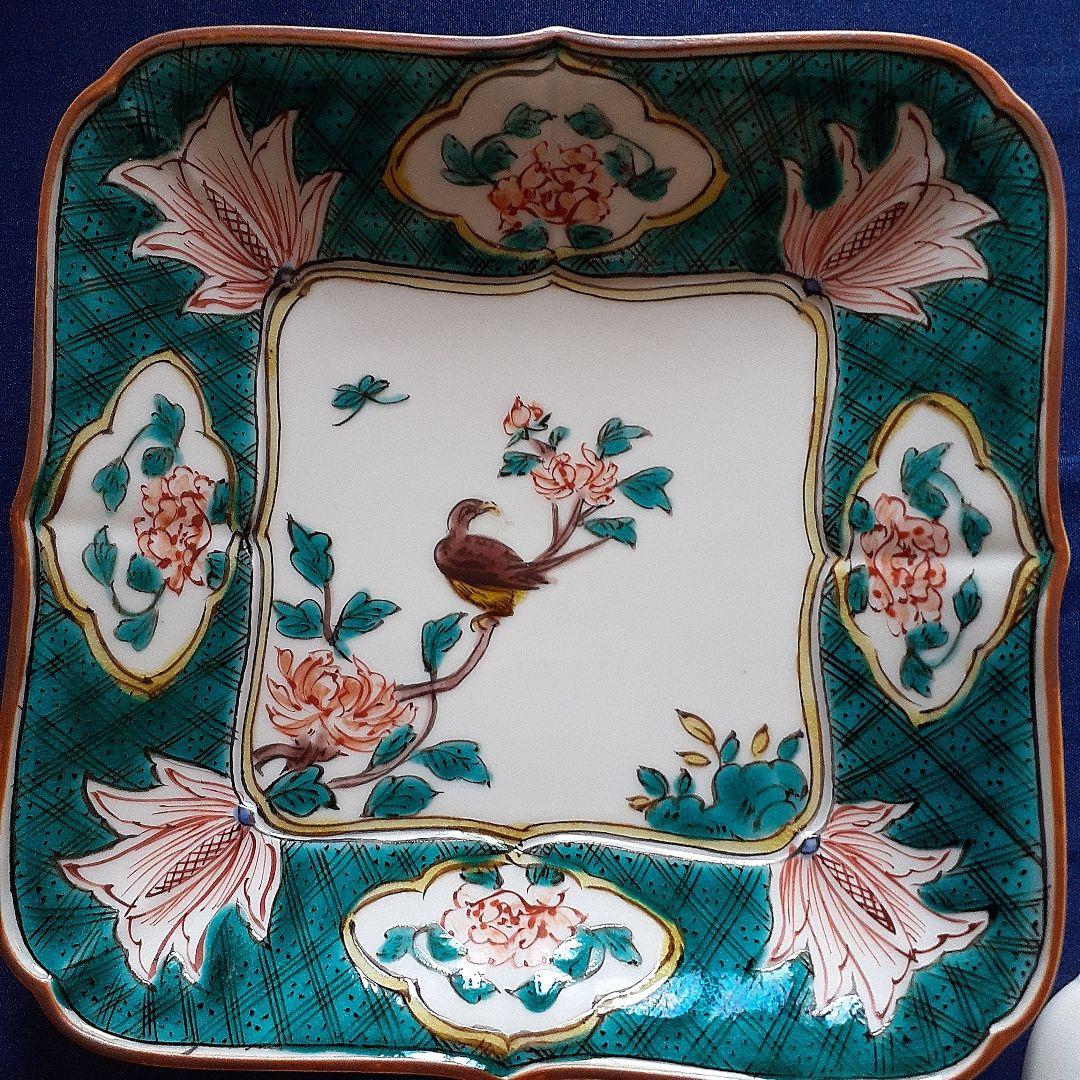 古九谷色絵牡丹蝶々鳥図角皿5客