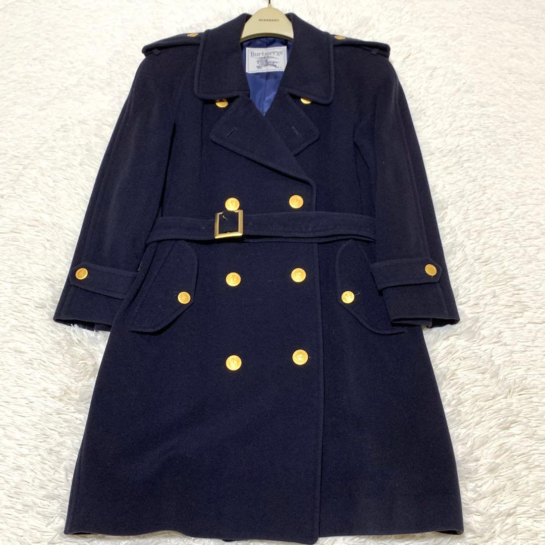 美品　バーバリーズ　金ボタン　カシミヤ混　ダブルチェスターコート　ネイビー