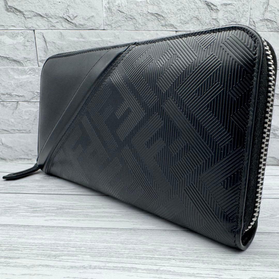 【美品】FENDI　シャドーダイアゴナル　ラウンドファスナー　長財布　レザー　黒