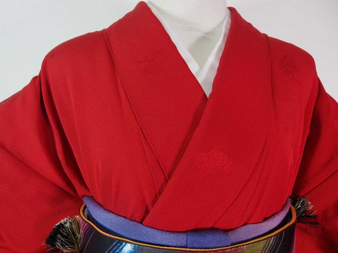 【山本寛斎デザイン】紅赤色＊色無地振袖＊上品地紋×華やぎモダン／個性派の一枚