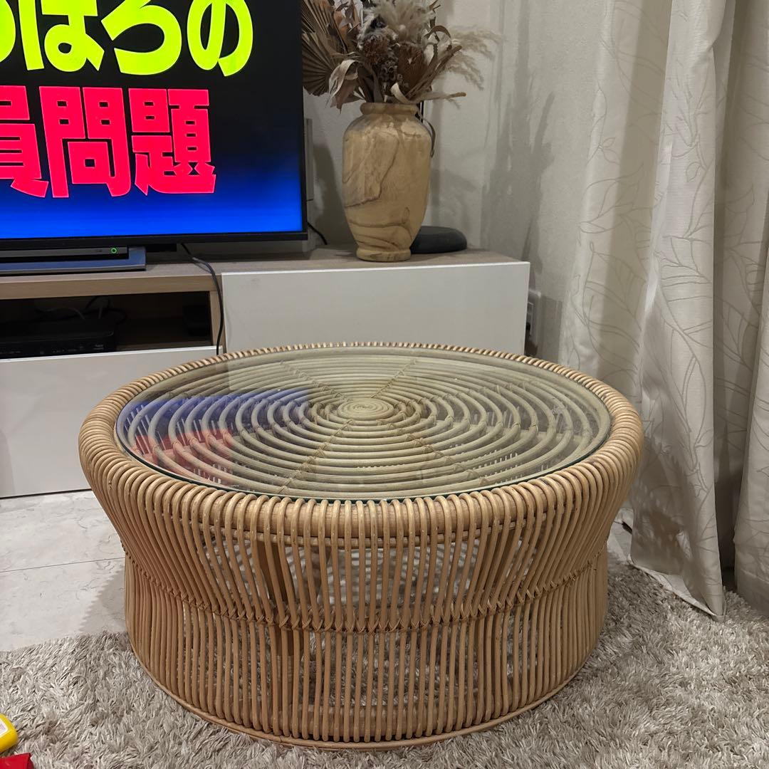 ラタン 円形センターテーブル ガラス天板付き
