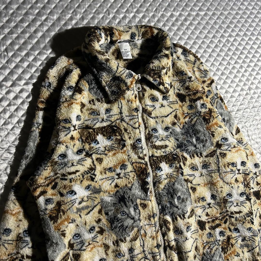 90s 猫フリースジャケット キャット ボア ジップアップ アニマル 動物