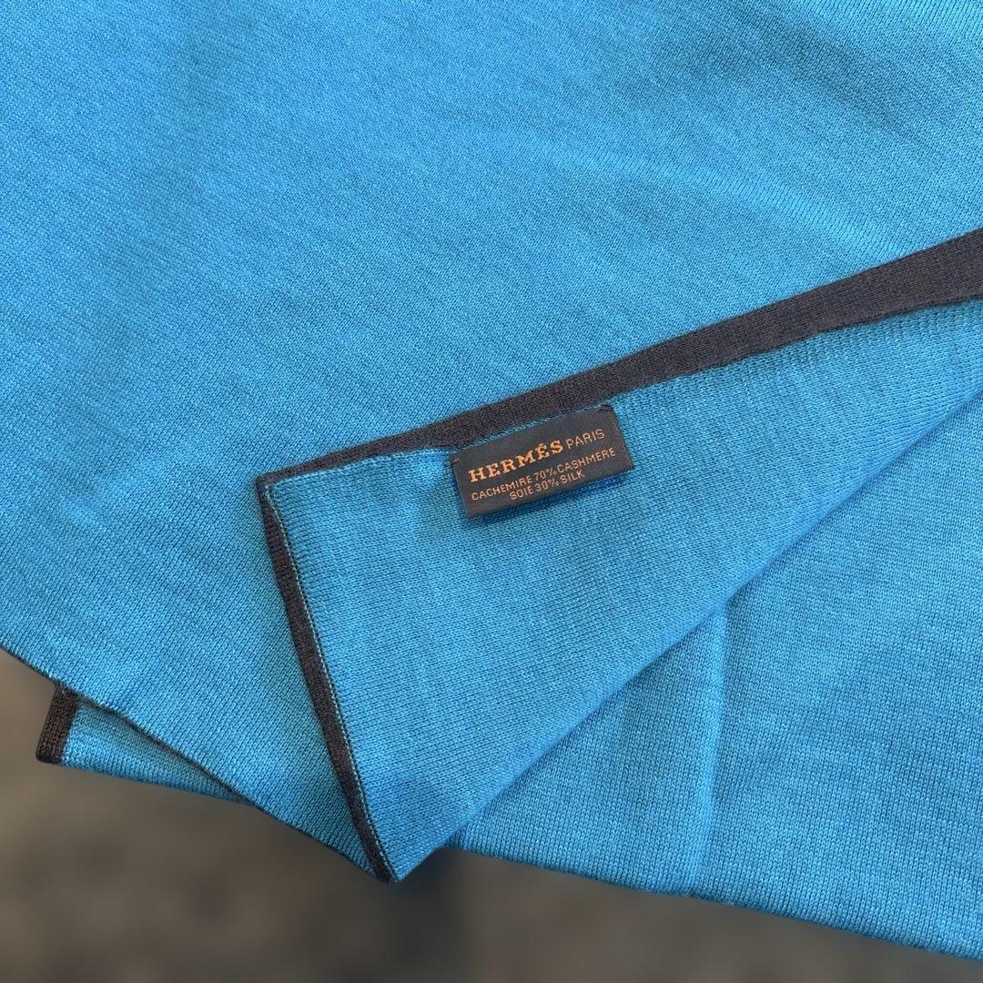 HERMES カシミア　シルク マフラー ブルーブラウン　Hロゴ