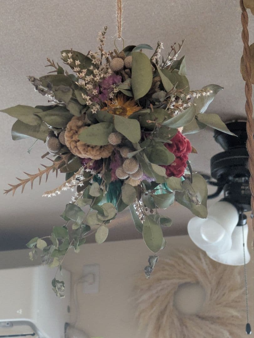 ドライフラワー★ゆらゆらフライングボール★セルリア　ケイトウ　1点物　インテリア