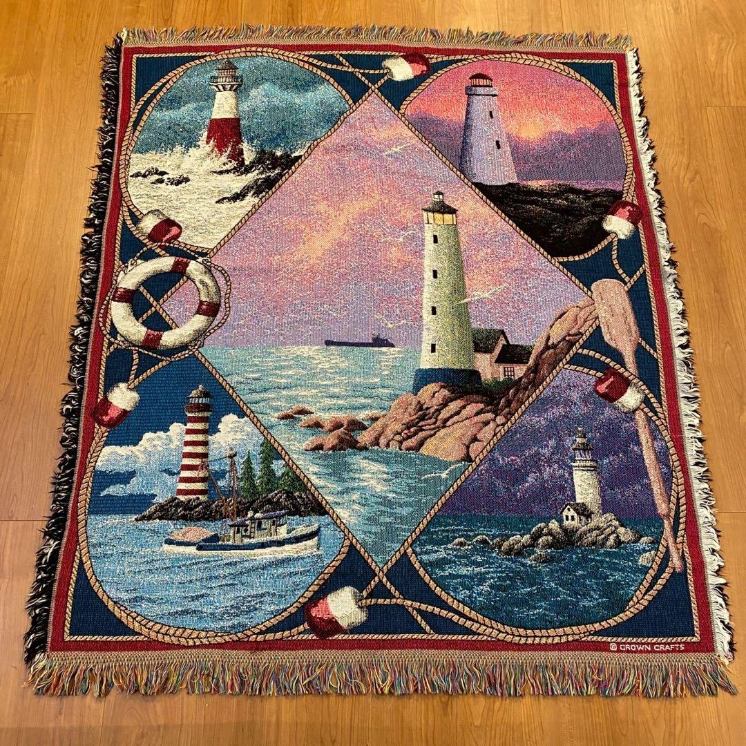 美品　CROWN CRAFTS 灯台柄 ゴブラン織り ラグ タペストリー