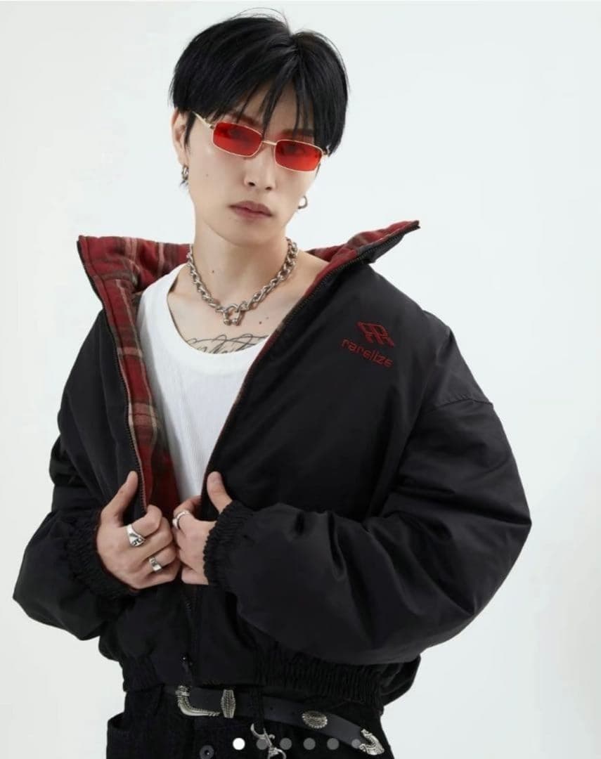 リバーシブル赤黒チェックダウンジャケット 地底人