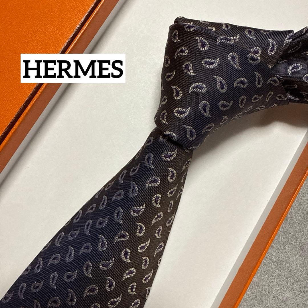 美品　エルメス　ネクタイ　グレー・紫　ペイズリー柄　シルクジャガード