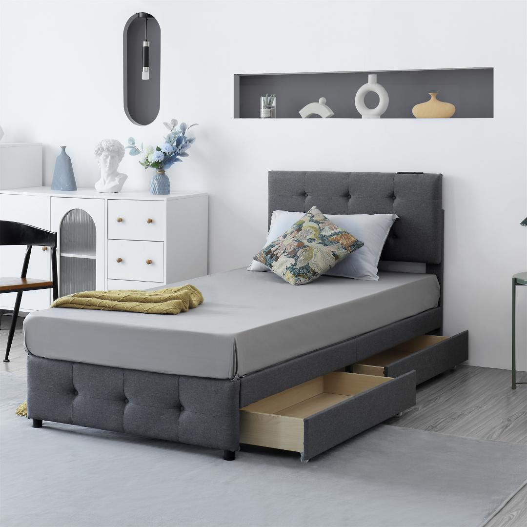 ファブリックベッド ベッドフレームのみ シングル 引き出し付きダークグレー