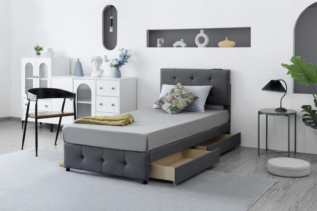 ファブリックベッド ベッドフレームのみ シングル 引き出し付きダークグレー