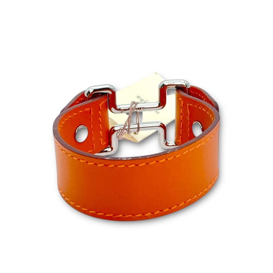 【美品】HERMES ナイトレザー ブレスレット オレンジ シルバー