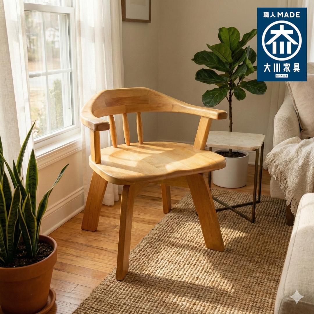 大川家具 回転ダイニングチェア 肘付 幅58cm 天然木 送料込②