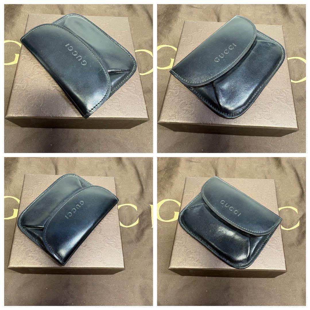 美品　グッチGUCCI ケース　カードお札　黒レザー フラップ式 ロゴ刻印